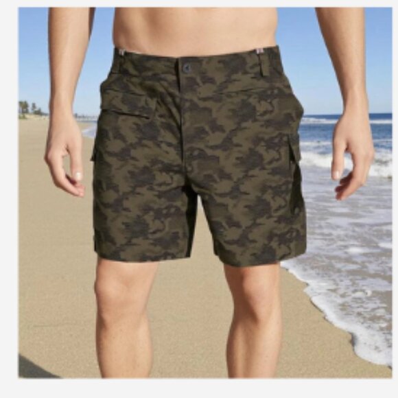 Swim Shorts Men's Size 34 - Medium Camouflage Zip Up Elastic Waist 5 Pockets - Picture 1 of 4